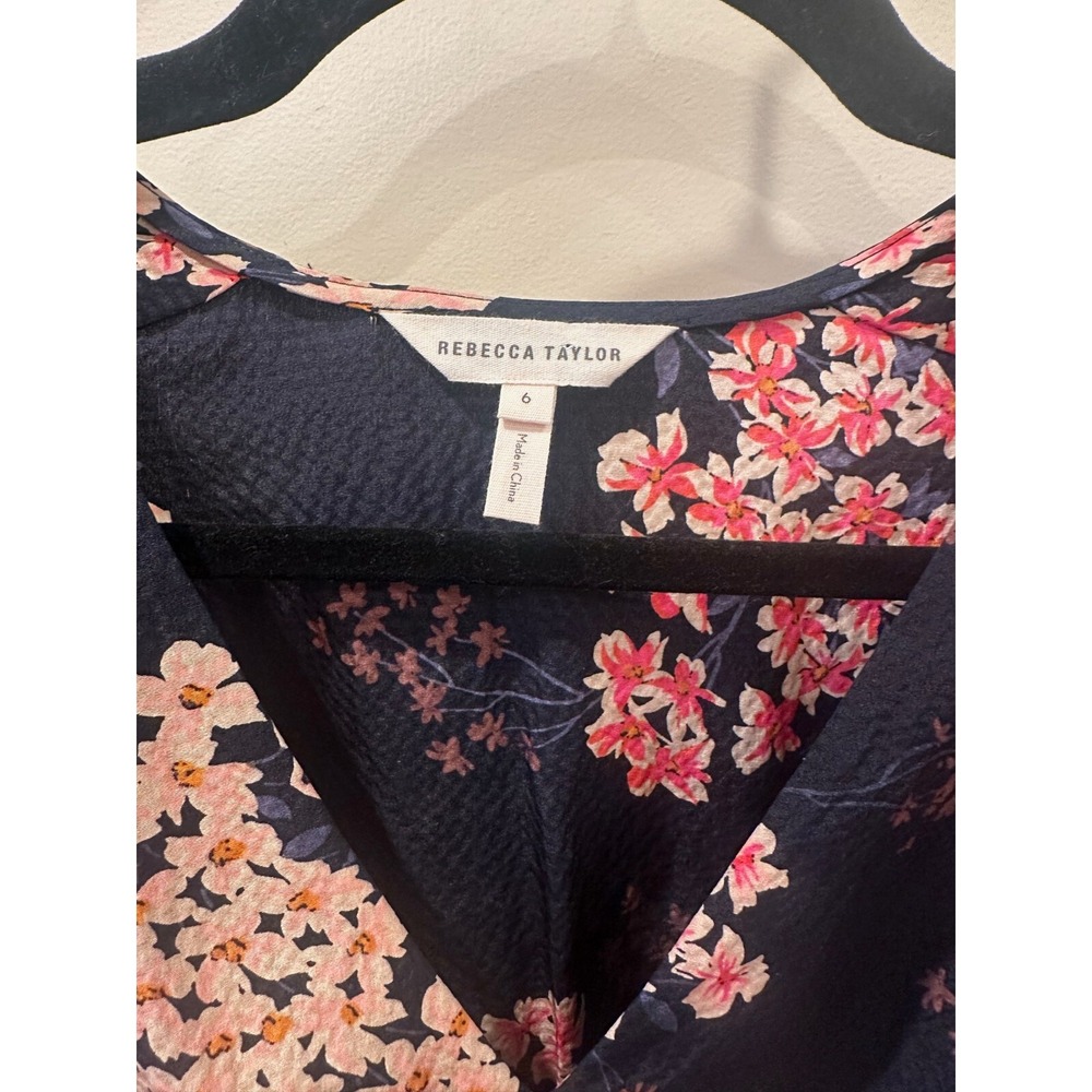 Rebecca Taylor 100% Silk Spring Blossom A-Line‎ Dress Sz 6 Navy V-Neck Florals - Picture 3 of 7